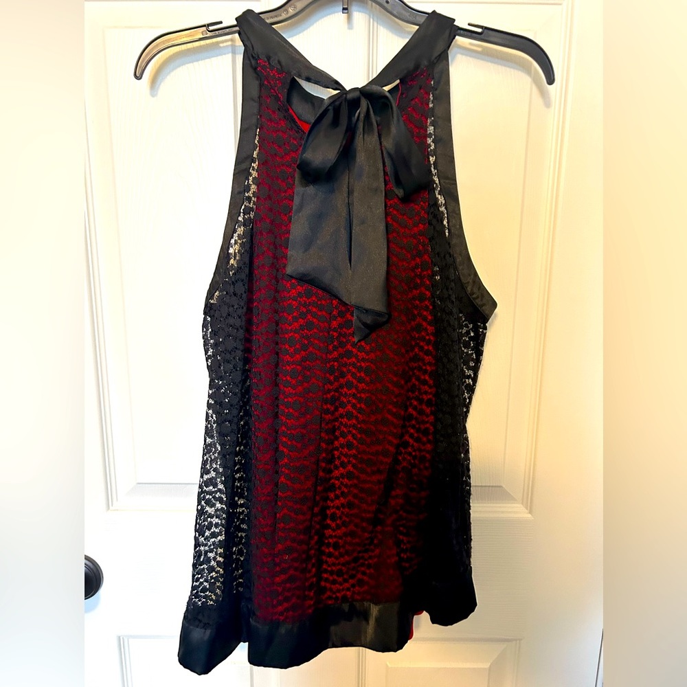 Nicole by Nicole Miller Black Floral Lace Red Lined Sleeveless Halter Tie Top